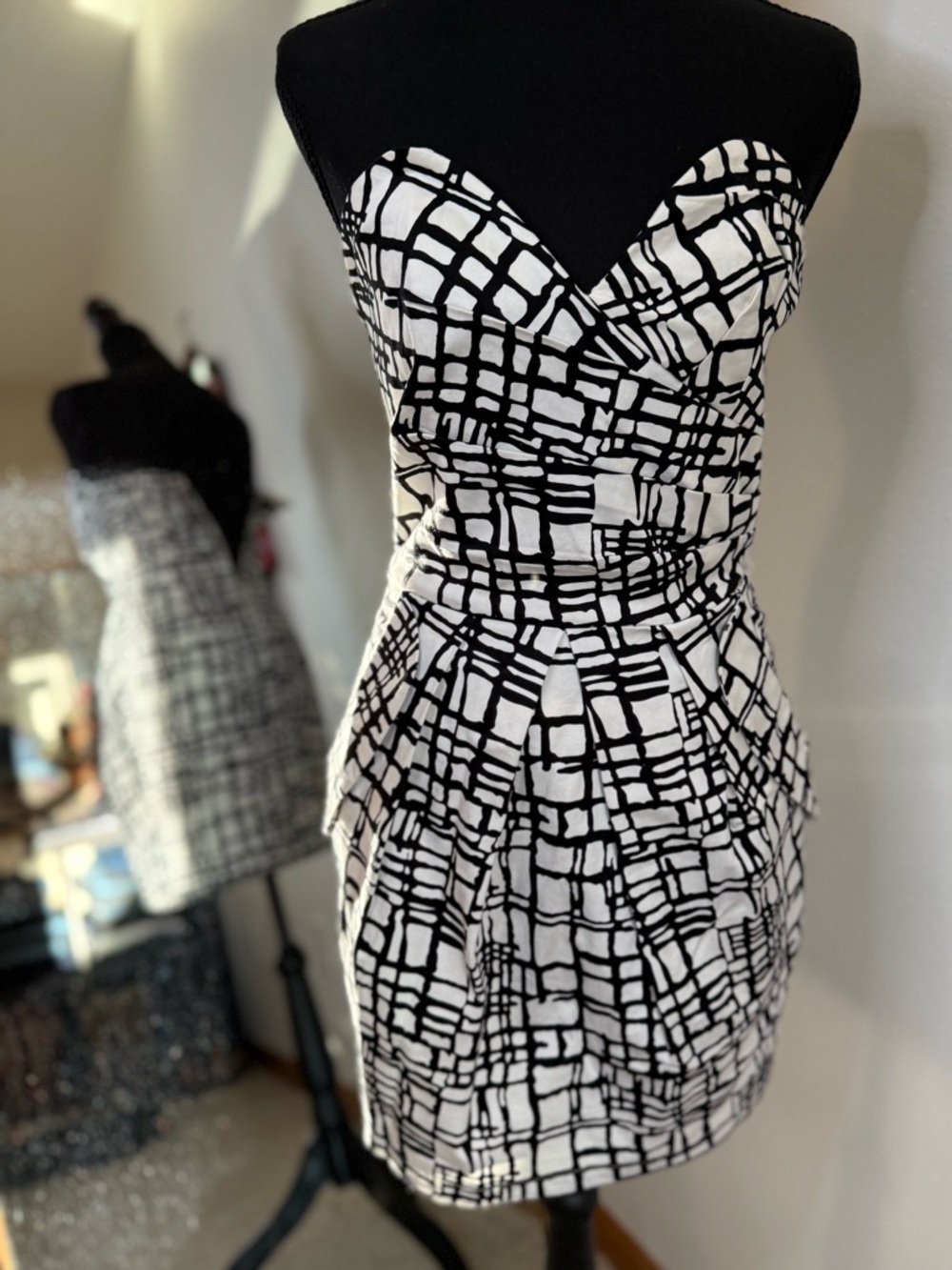 Ark & Co Strapless Cocktail Dress Black White Graphic Print Size M